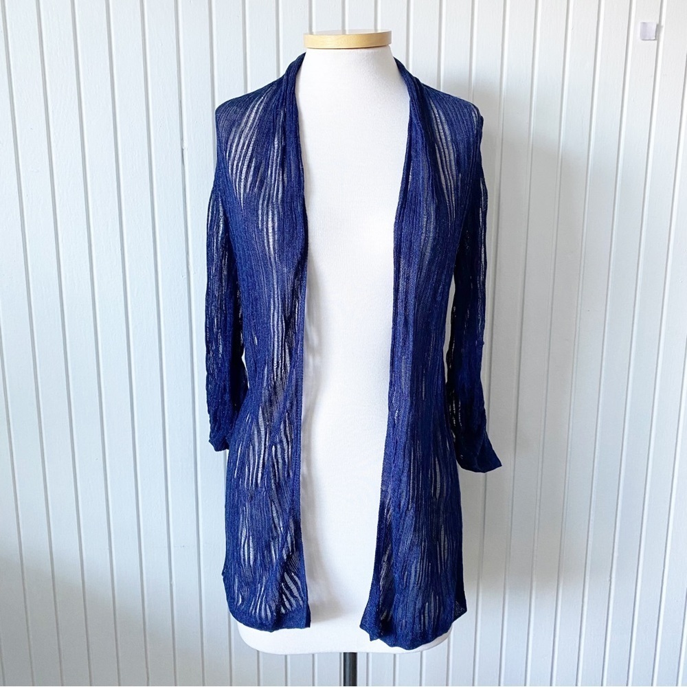 NIC+ZOE Navy Blue Sheer Linen Blend Cardigan 3/4 Sleeves Size Small